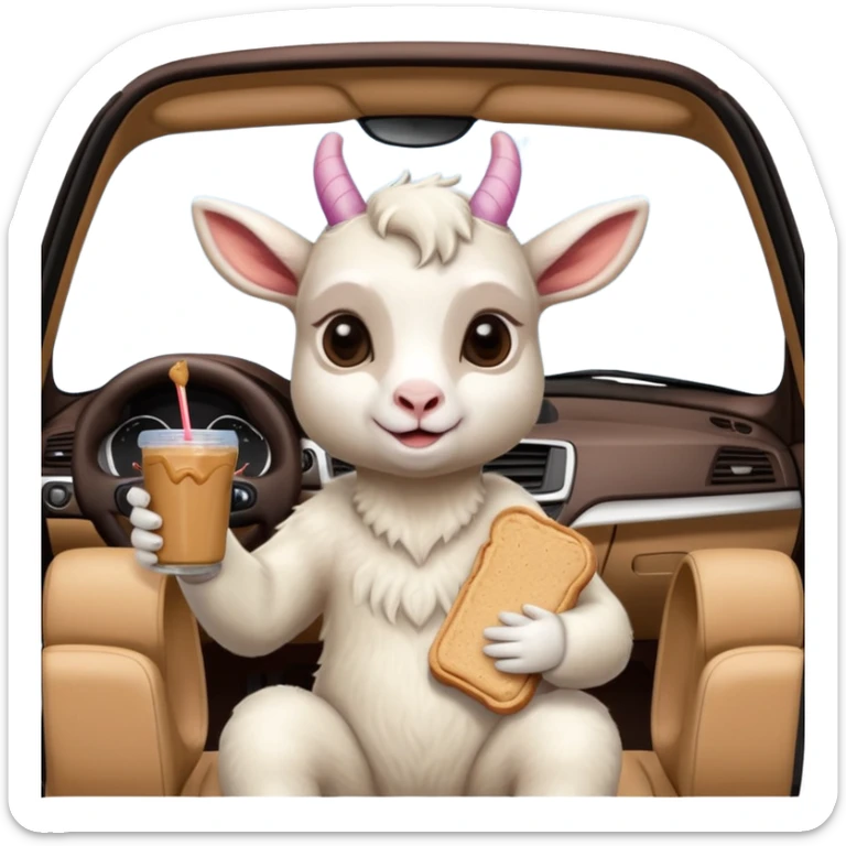 cute baby goat eating peanut butter and jelly driving in a bmw x1, holding a peanut butter and jelly in hand sticker