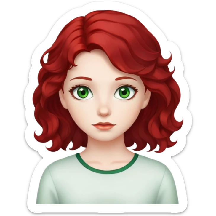 girl with green eyes, white skin, wavy black hair, subtle red hair at the back sticker