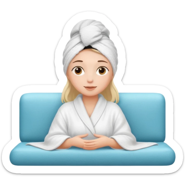 spa A contented and relaxed girl with a towel on her head in a white robe lies on a couch. The icon displays the couch and the girl in full three-quarter view. sticker