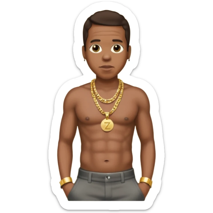 Jay-Z with dark brown hair, shirtless with necklace, metallic dark grey pants sticker