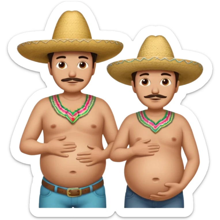 only two men standing besides each other. 1 man is white and not pregnant, and the other man is mexican wearing a sombrero and pregnant, holding his belly.  sticker