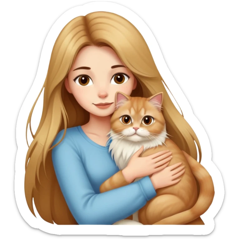 A pretty girl with long brown hair is hugging her blonde Persian cat. The girl has brown hair, and only the cat is blonde. sticker