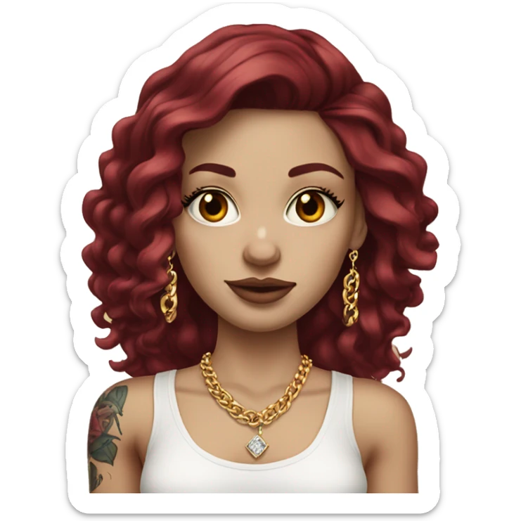 Pale white European girl with long burgundy hair, long eyelashes and has tattoos. She is wearing a crop top shirt and gold chain necklace and diamond earrings  sticker