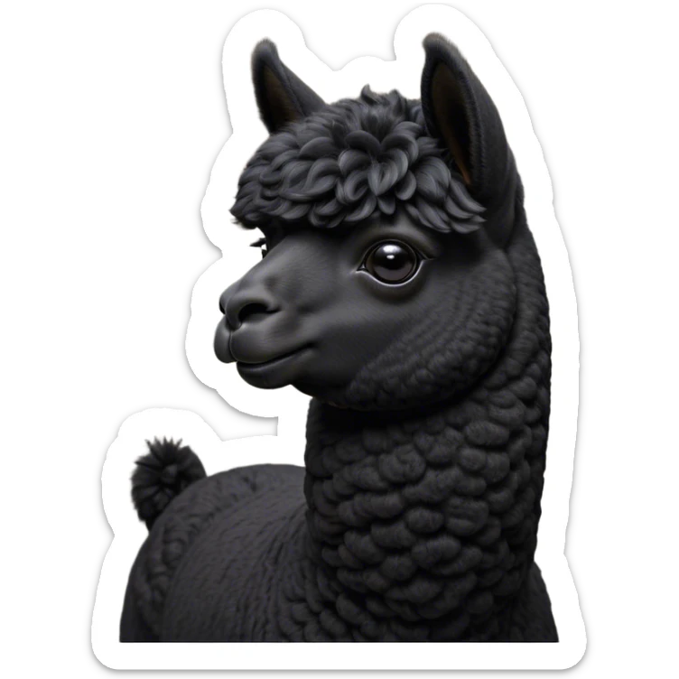 Cinematic Noble Black Alpaca Portrait Emoji, Poised and regal, with a striking, sturdy build and a sleek, well-groomed jet-black fleece, deep-set soulful dark eyes, Simplified yet sharp and sophisticated features, highly detailed, glowing with a soft, dignified glow, high shine, intelligent and mysterious, stylized with an air of elegant austerity, focused and attentive, soft glowing outline, capturing the essence of a watchful and confident companion, so majestic it feels as though it could stride out of the screen with effortless authority! sticker