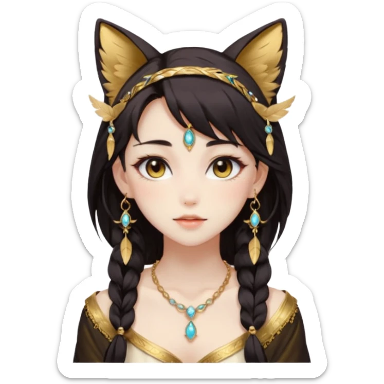 Beautiful gorgeous anime lady with beautiful dark-brown-special-hair, fashion aesthetic, ethereal, feather, accessories, gold jewelries, gold, colorful, feline ears sticker