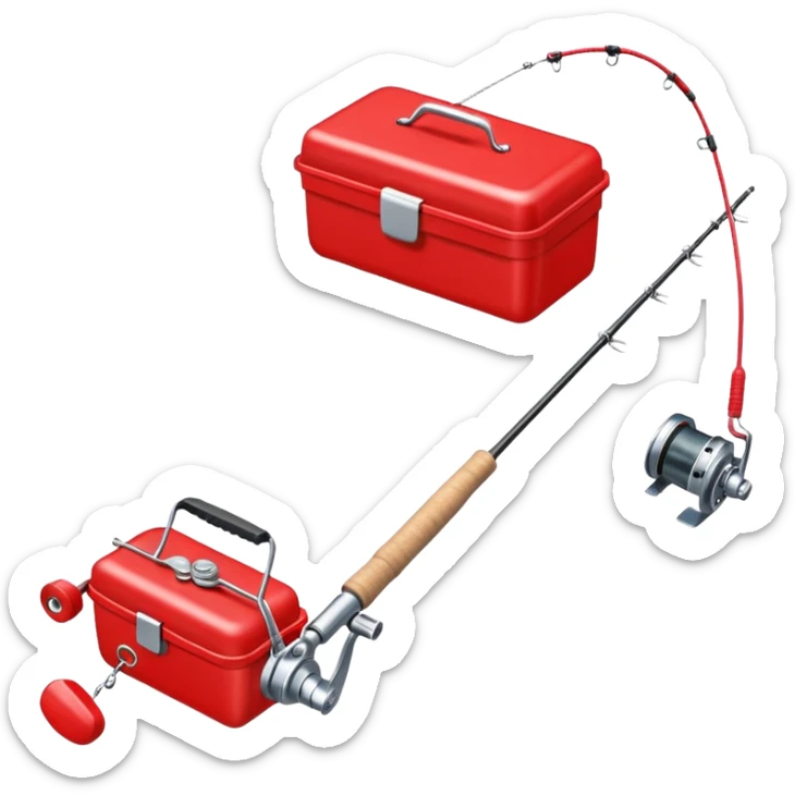 A fishing rod with reel and line neatly coiled beside a bait box. sticker