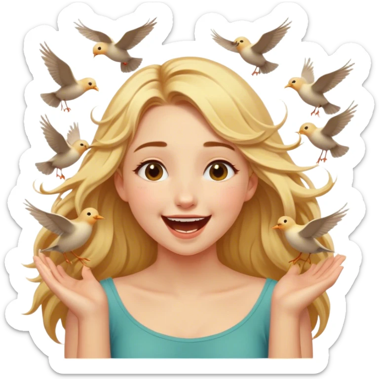 Cinematic Adorable Aurora Portrait Emoji, Giggling in surprise as birds land on her shoulders, cheeks flushed, golden locks bouncing, an irresistible mix of playfulness and beauty! sticker