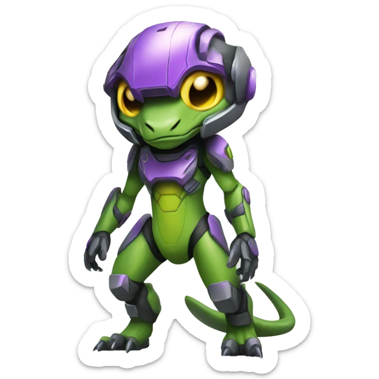 a Reptile-Raptor-Genesect-Fakémon with a futuristic visor-helmet and wearing a techwear-suit Full Body sticker