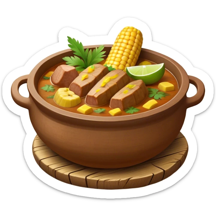 Cinematic Realistic Sancocho Antioqueño Emoji, depicting a hearty Colombian stew brimming with tender cuts of meat, yuca, plantains, corn on the cob, and potatoes in a rich, flavorful broth. Served in a rustic clay bowl with fresh cilantro and lime on the side, rendered with warm, inviting textures and homely, comforting lighting. sticker