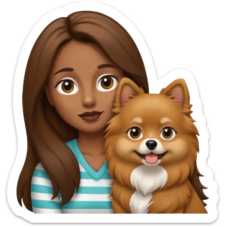 Create an emoji-style illustration of a woman with long brown hair holding one Pomeranian dog. The dog has a black face with a white stripe running down the middle of its nose and mouth. sticker