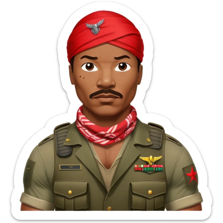 Carl Weathers as Dillon from Predator movie, muscular man in military gear with bandana sticker