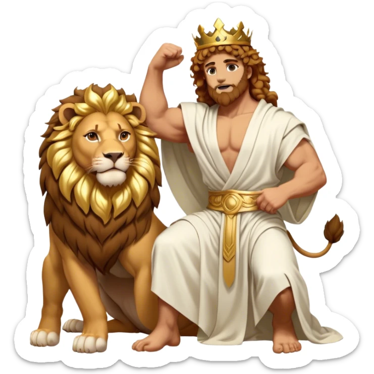 Cinematic Realistic Hercules Portrait, captured in a dramatic lion-wrestling pose that epitomizes raw, heroic strength. His light tan, athletic skin and thick, curly, golden brown hair are showcased as he grapples with a majestic lion, his refined face reminiscent of Michelangelo's David marked by noble determination. Draped in a flowing white robe with understated golden accents and crowned with a classic Greek laurel wreath, dynamic natural lighting accentuates every muscular contour and fierce, commanding expression, embodying the essence of ancient valor. sticker