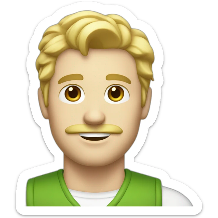White man with blonde hair and moustache and blue eyes with slightly open mouth facing green vest and white shirt sticker