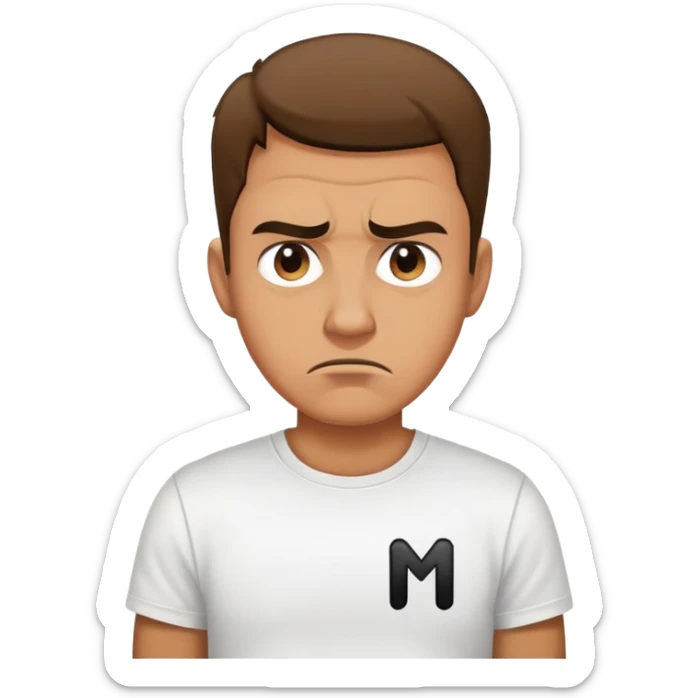 A disgusted man wearing a white t-shirt with a big black M on the t-shirt  sticker