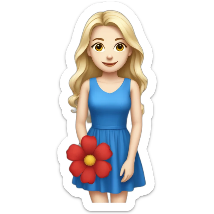 A beatiful white girl wear blue and red dress with flower sticker