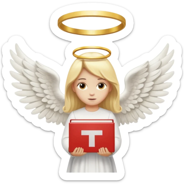 "An angel emoji with blonde hair, a halo, wings, holding a 'COMPARTILHAR' sign in bold letters." sticker