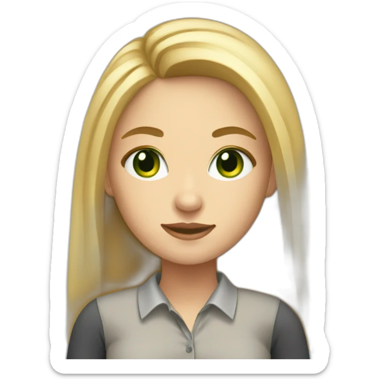 A girl who has blonde and long hair green eyes working in an office with pc sticker