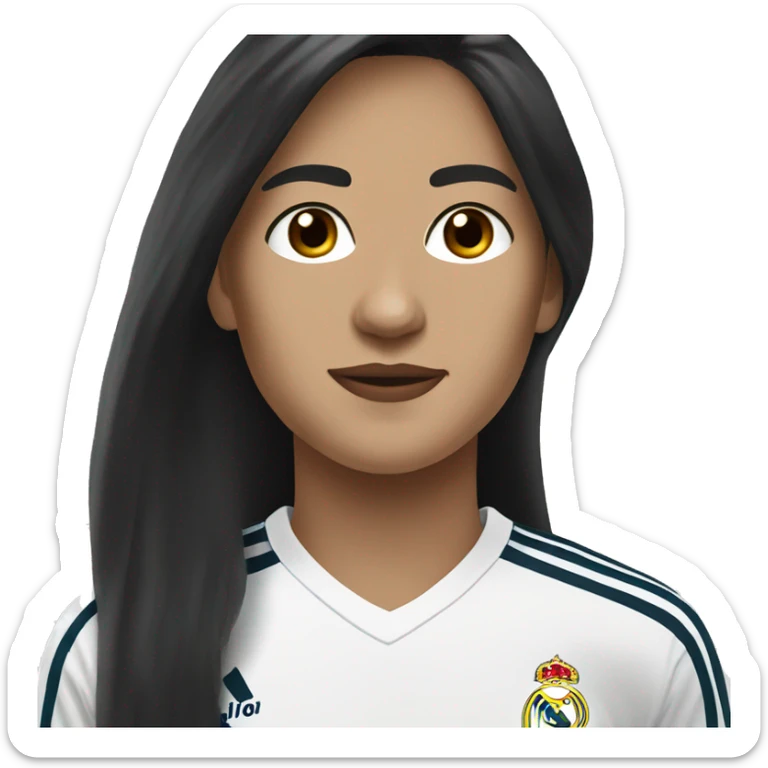Create a women with long black hair, white skin, brown eyes, wearing a Real Madrid jersey.  sticker