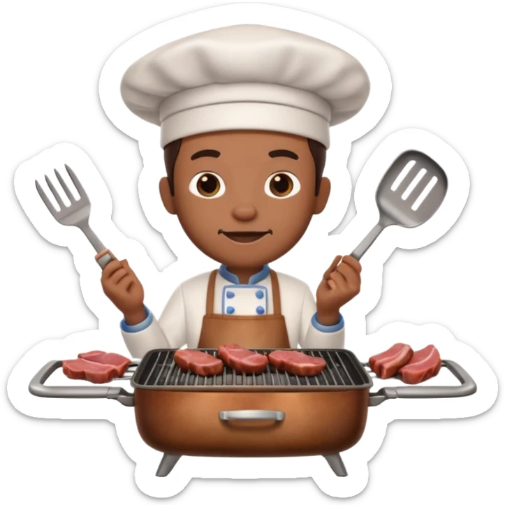 A 3D cartoon cook flipping meat on a grill with tongs, gentle smoke effect, Memoji-style lighting. sticker