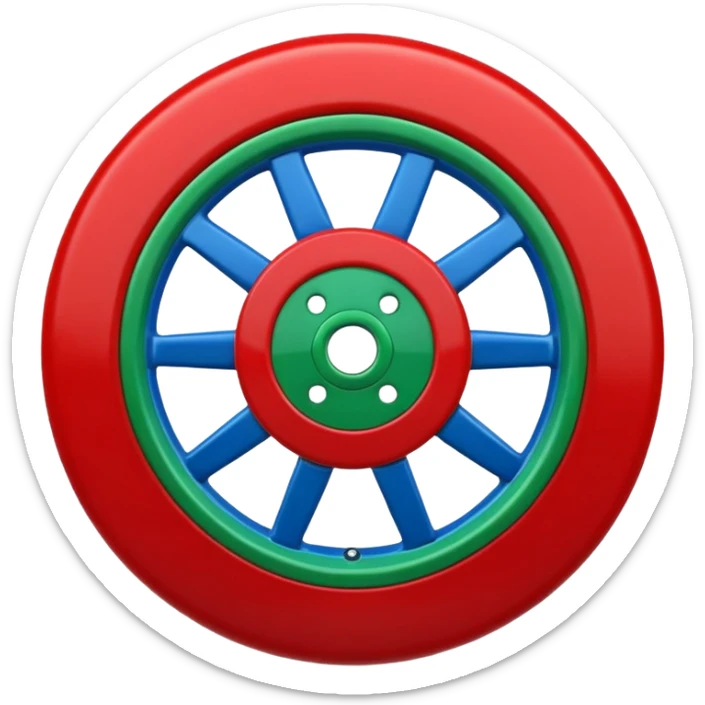 Glossy 3D emoji, blue top, green bottom, large red spoked wheel in center. Geometric symbol, no face. sticker