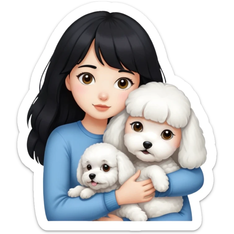 A beautiful girl with long black hair and bangs hugs a little Bichon Frise tightly sticker