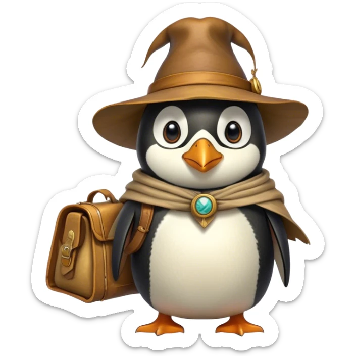 A explorer penguin inspired by Indiana Jones, wearing a weathered yellow enchanted hat and a flowing cape. It carries a leather satchel with ancient scrolls. Cartoon-style, smooth shading, highly detailed, no background sticker