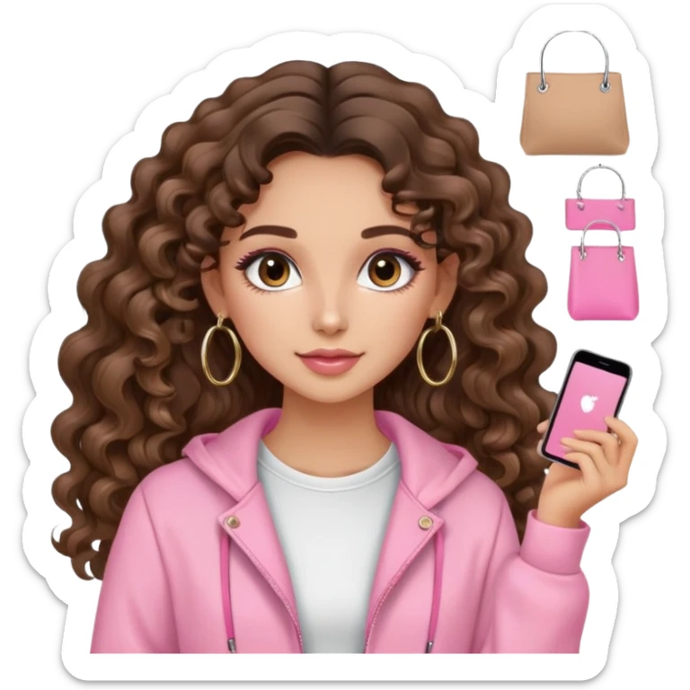 cute balayage brunette long hair curly/wavy haired girl, hoop earrings, clean girl makeup DOING SHOPPING WITH PINK CLOTHES ON sticker