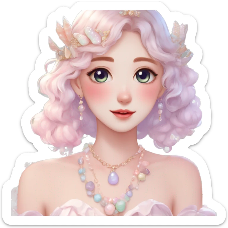 Gorgeous pastel anime style lady with blushing face and seashell-tiara dress necklace cottagecore fairycore pastelcore colorful pearly romantic simplistic aesthetic trending style sticker