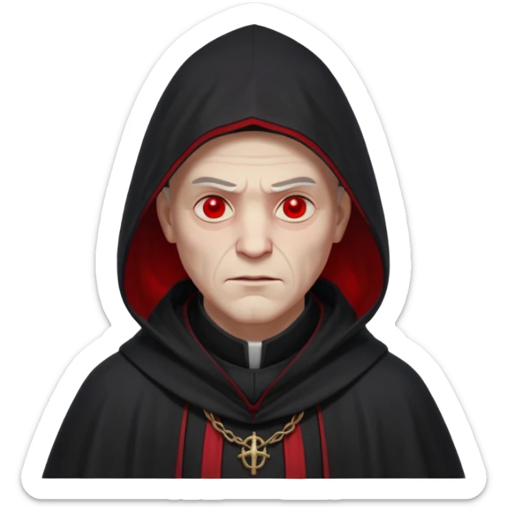 cursed village priest portrait, head and shoulders only, dark hooded robe, mysterious expression, subtle red accents, eerie glow, gothic village atmosphere, 3D cartoon, mobile game icon style, clean background, no text, no watermark

 sticker