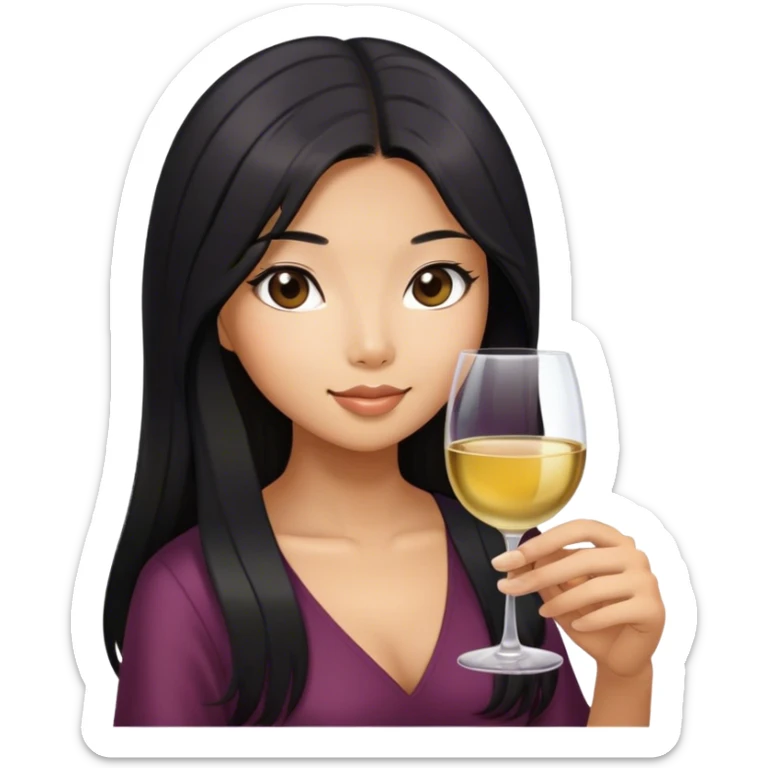 tan asian girl with black long hair holding glass of wine sticker