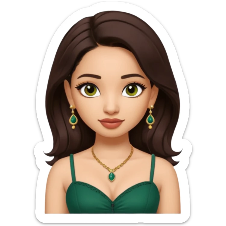 pretty bratz genmoji that looks like tamannah bhatia (bollywood actress), wearing a dark green sweetheart neckline top, dark brown hair, light makeup, no necklace, dangly earrings, side hair part, dark brown eyes, with tattoos sticker