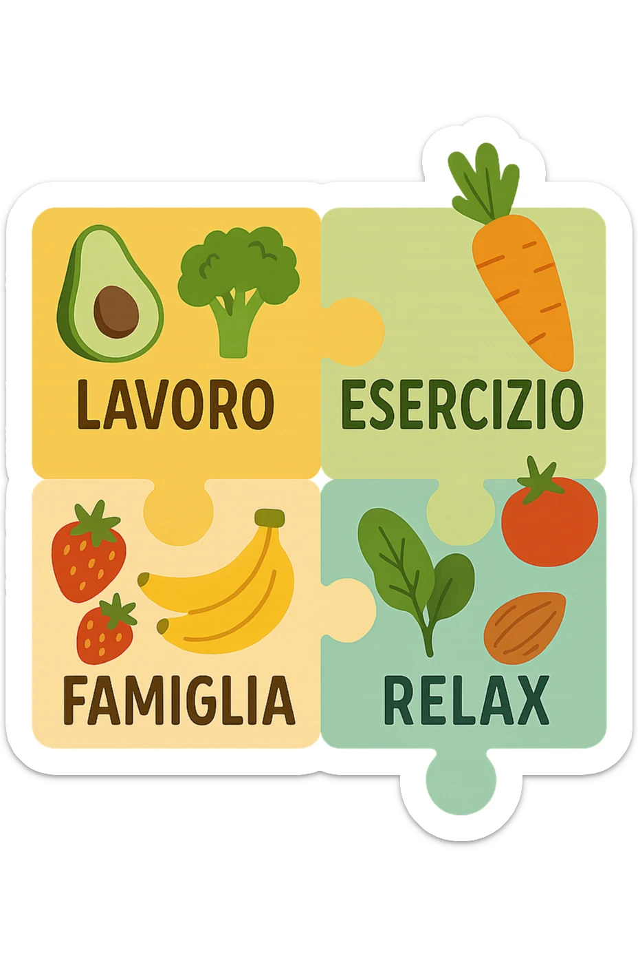 Puzzle (Lavoro, Esercizio, Famiglia, Relax), and healthy foods are integrated into each piece. in italiano sticker