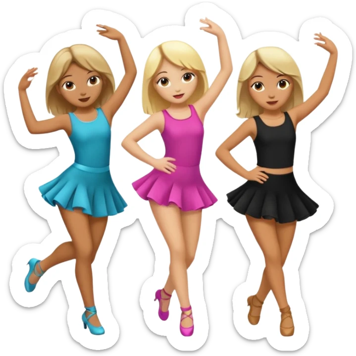 Emoji of 3 Girls dancing one with blonde hair, one tan skin with brown hair and one with black hair sticker