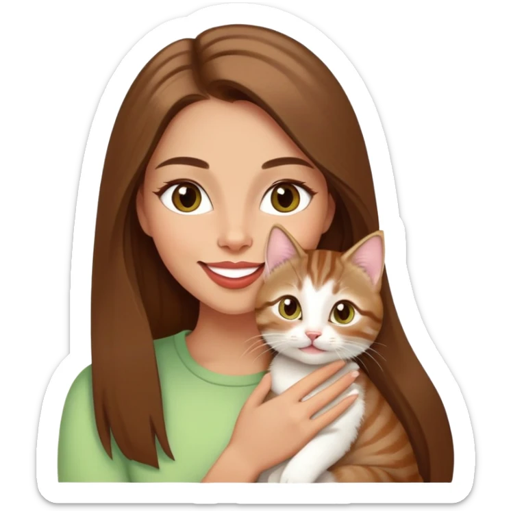 White Woman with VERY long straight brown hair, rosy lips and cheeks, big chartreuse eyes, cute happy big smile holding a white and brown tabby kitten sticker
