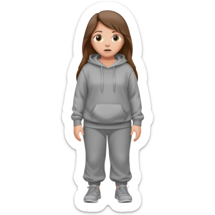 Chica grande  asustada de cuerpo completo mirado a la izquierda con pelo castaño largo y piel blanca  pantalones baggy  grises y hoodie gris  sticker
