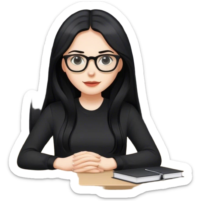 pale woman with long black hair, wearing glasses and black shirt in an office sticker