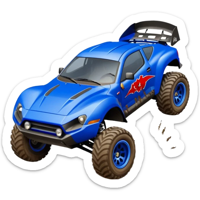 Satan’s Dirty Midnight-blue Local Motors Rally Fighter off road race car after jumping over a dirt ramp  sticker