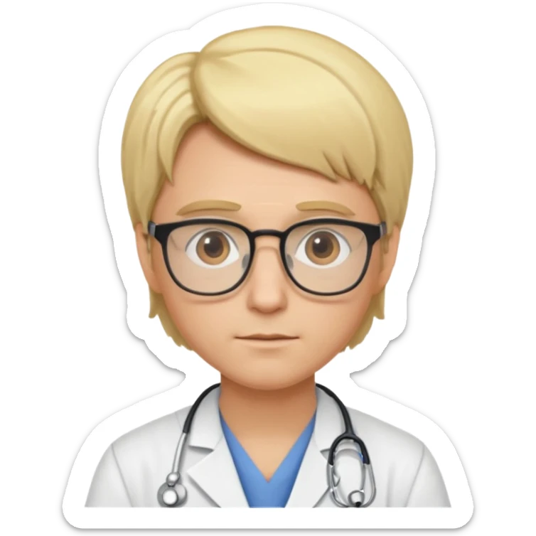This is a cartoon-style avatar of a doctor with blond hair, glasses, and a neutral expression sticker