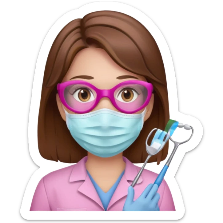 Dentista mujer con mascarilla rosada, cabellos marron, piel blanca, camisa rosada, ojos marrones sticker