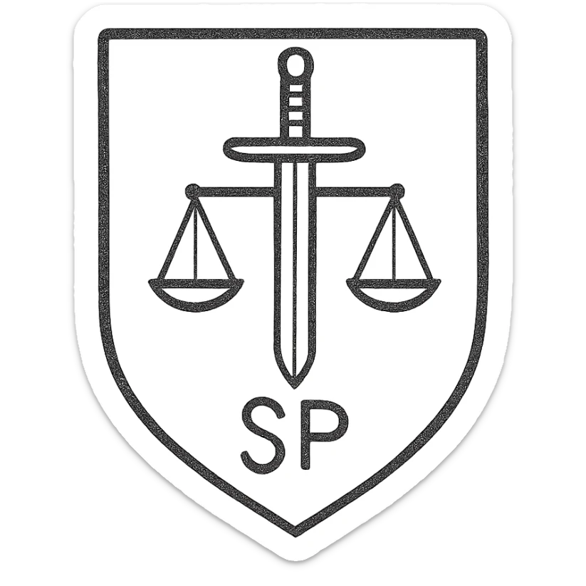 A minimalist emblem for a secretive military investigative unit. The design should feature a clean, geometric layout with a sword and scales, using a dark and muted color palette. It should include an understated 'SP' symbol to denote secrecy and professionalism. sticker