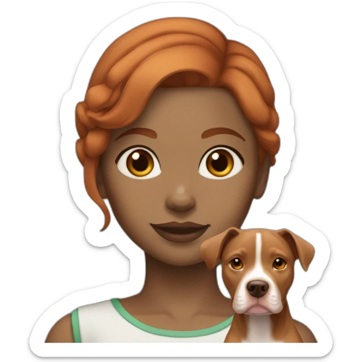 Girl with light tone skin auburn hair with fawn colored pitbull sticker