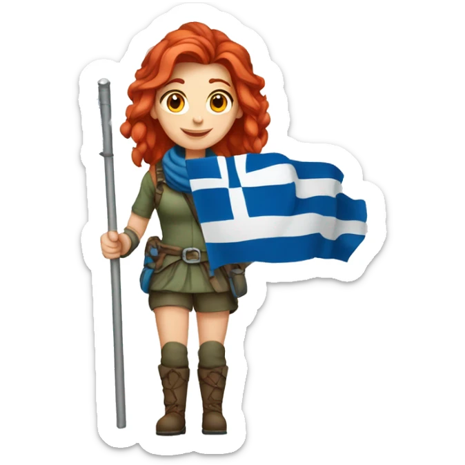 female winter mountaineer red hair holding greek flag sticker