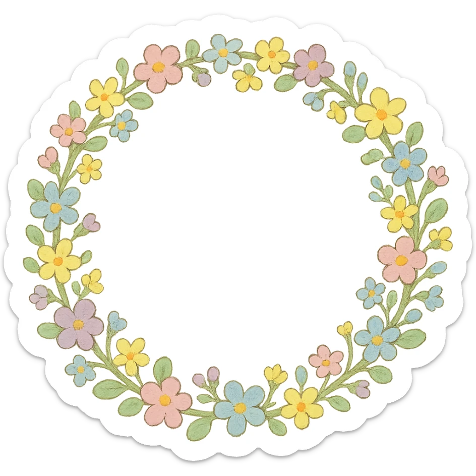 a floral wreath made of small pastel flowers, Japanese hand-drawn, full object, transparent background sticker
