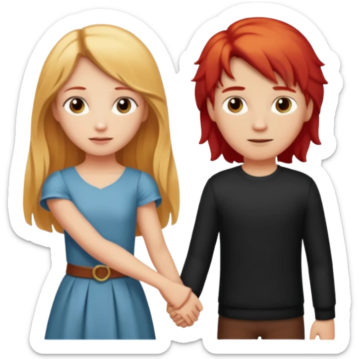 Blonde haired pretty girl holding hand with long red haired stoic manly boy sticker