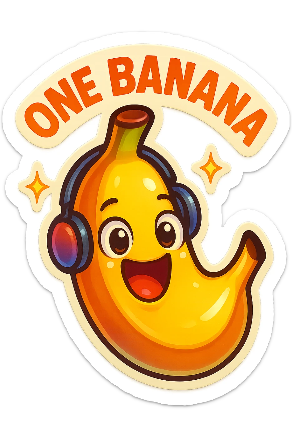 Funny cartoon banana, big happy smiling face, wearing tiny headphones, wide excited eyes, tiny sparkles around, text above: "NE BANANA", chibi style, Twitch emoji style, colorful, transparent background sticker