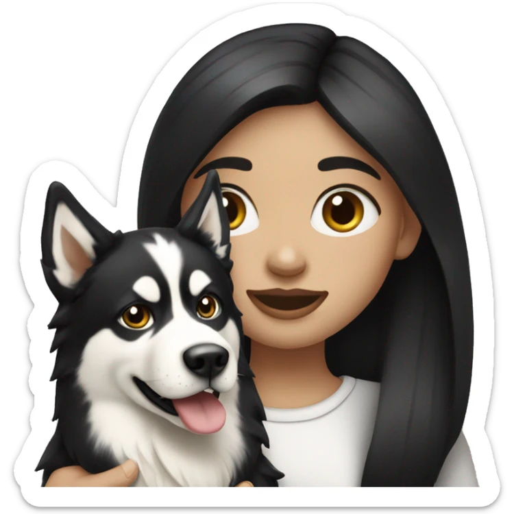 Pale girl with long black hair holding Alaskan husky sticker