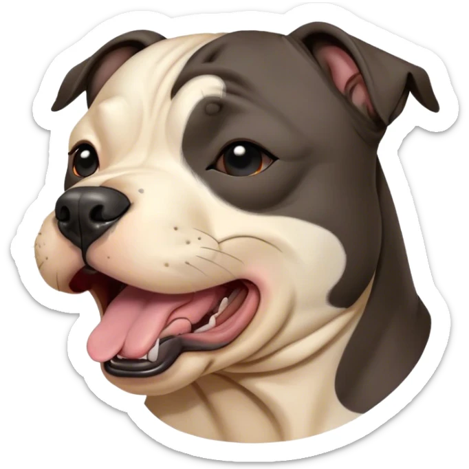 Cinematic Cute Yawning Black/Brindle Staffordshire Bull Terrier Portrait Emoji, Head tilted slightly with a dramatic, wide-open yawn, showcasing a smooth Fur with a striking black and brindle pattern, floppy ears slightly drooping, round dark eyes barely open in drowsy contentment, Simplified yet irresistibly adorable features, highly detailed, glowing with a soft, cozy glow, high shine, relaxed yet expressive, stylized with a touch of whimsy, bright and endearing, soft glowing outline, capturing the essence of a sleepy yet affectionate guardian, so drowsy it feels like it could stretch right out of the screen and curl up for a nap! sticker