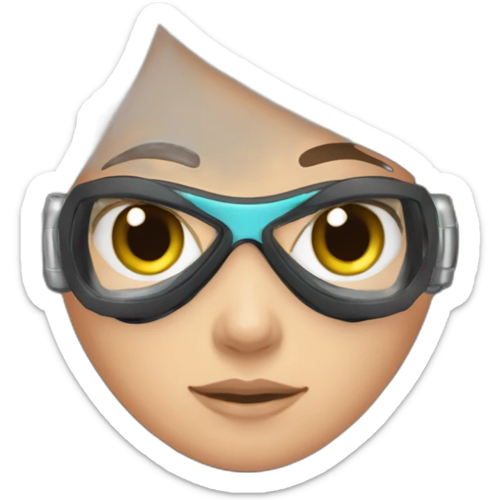 woman with underwater scubadiver gear with fins, in her face green and blue eyes, large and straight brown hair, pink diving underwater black suit gear sticker