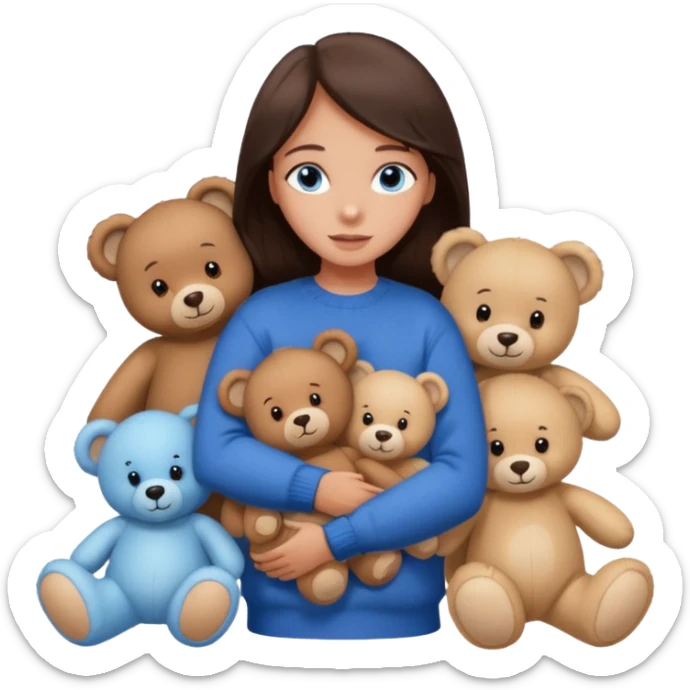 a girl with long dark 
brown hair, with blue eyes, in a
white sweater, hugs 3 different natural coloured sticker
