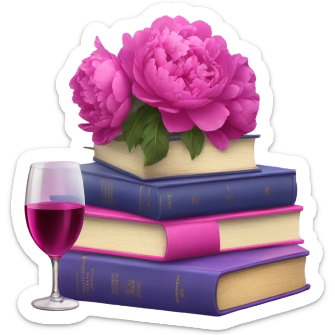 A violet  stack of books with deep pink peonies and a glass of pink wine sticker